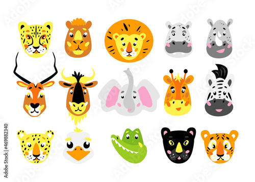 Cute african animals. Wildlife animal heads. Cartoon vector illustration for kids. Educational material for children