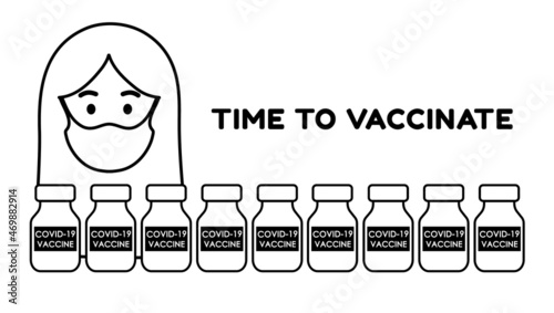 Time for vaccination. Conceptual poster. Ampoules with covid vaccine and the face of a doctor in a mask. Black and white version 