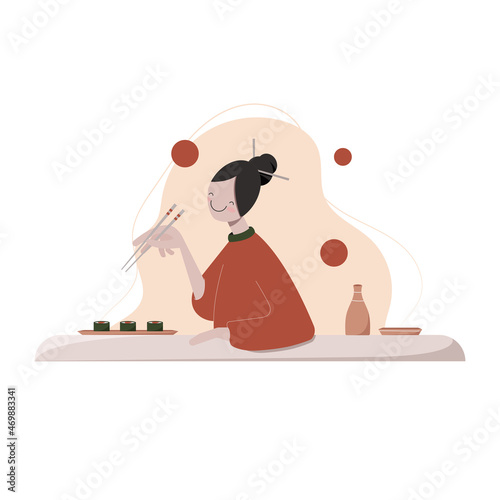 Young woman happily eating sushi. Hand drawn Vector Illustration in cartoon style, isolated on white background.
