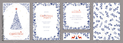 Corporate Holiday cards with Christmas tree, reindeers, birds, ornate floral frames, background and copy space. Universal artistic templates.