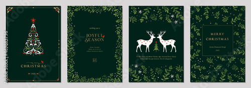 Luxury Corporate Holiday cards with ornate Christmas tree, reindeers, bird, decorative floral frames, background and copy space. Universal artistic templates.