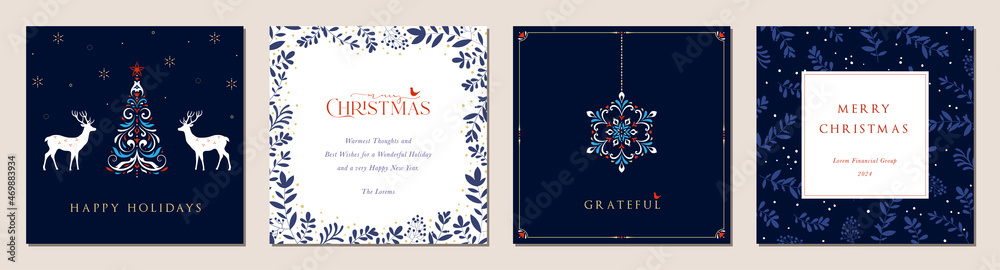 Merry and Bright Square Holiday cards. Christmas, Holiday templates with decorative Christmas ornament, snowflakes, Christmas tree, reindeers, birds, floral background, frames with greetings. - obrazy, fototapety, plakaty 
