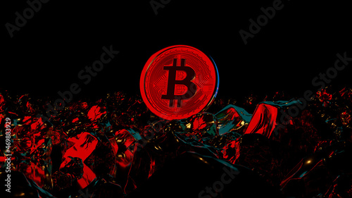red Bitcoin value rising down ( BTC ) price fall drop Concept . 3D rendering