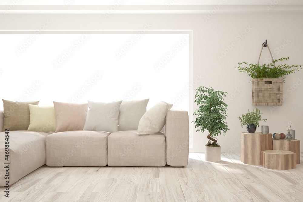 Fototapeta premium White living room with sofa. Scandinavian interior design. 3D illustration