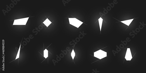 Geometric white polygonal glowing shapes with auxiliary strokes isolated on black background. Minimalist design elements for poster, banner, wall decoration, Metroidvania games. Vector