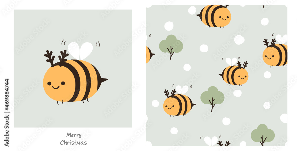 Seamless pattern with bee cartoons and hand drawn snowflakes on pastel green background vector illustration.
