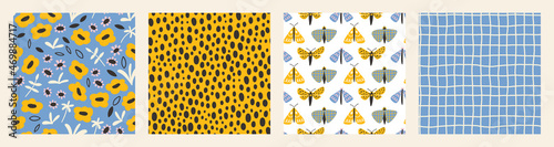 Butterfly, moth, gingham, dot seamless pattern collection. Cute doodle hand drawn insects in trendy bright colors. Sweet funny scandinavian prints for kids textile. Delicate and trendy design.