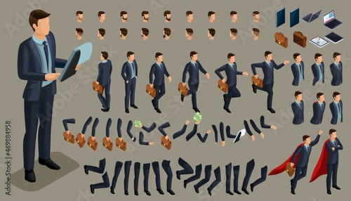Create your own isometric office worker. 3D businessman. isometric Set of gestures of hands and feet of men. Character walks around or sits for vector illustrations
