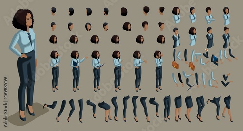 Isometrics people emotions face, create your character. 3d business of an African American woman with a set of emotions and gestures of hands. Creative