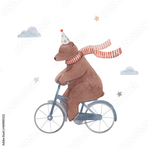 Beautiful stock baby illustration with very cute hand drawn watercolor bear on bike with birthday cap and red scarf. photo