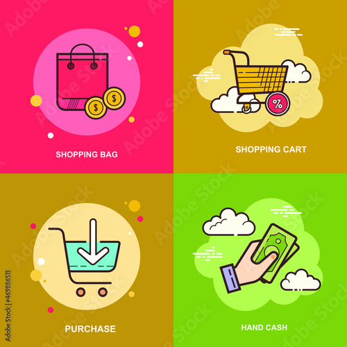 Shopping cart, hand cash, purchase, shopping bag flat vector design collection