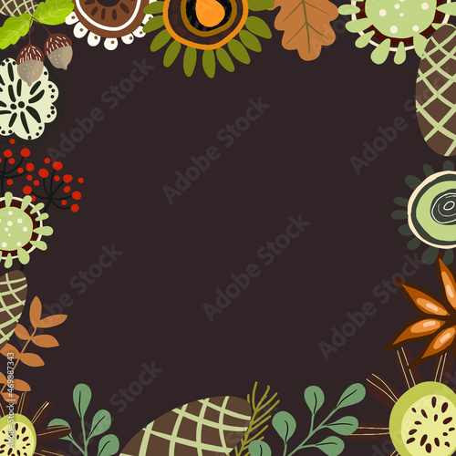 A square frame made of flowers and floral elements on dark brown backdrop.