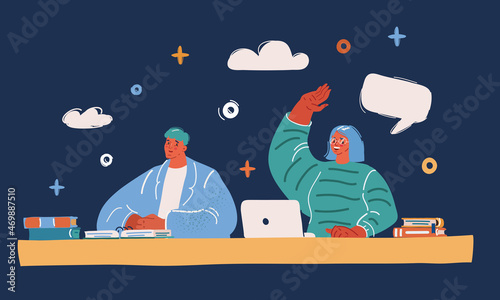 Vector illustration of people study at the courses over dark backround