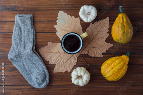 Autumn flat lay with a cup of hot drink, orange gourds, white mini pumpkins, dry maple leaf and warm wool socks on wooden rustic background.