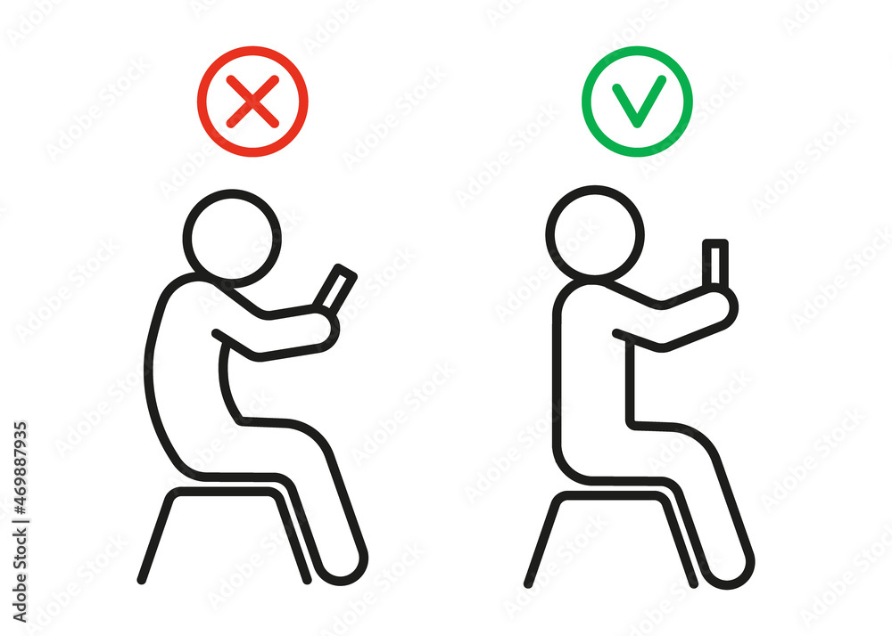 Incorrect tension and correct health posture seat with phone. Health preservation rules. Avoid poor posture, vision and spine problems. Vector illustration - obrazy, fototapety, plakaty 
