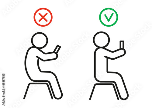 Incorrect tension and correct health posture seat with phone. Health preservation rules. Avoid poor posture, vision and spine problems. Vector illustration