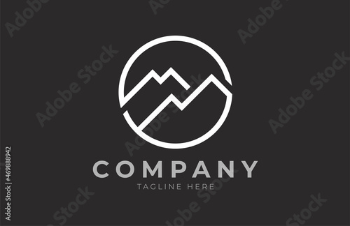 Free Download Mountain logo, simple line mountain  logo design inside circle formed letter M M , vector illustration - GFXLoad