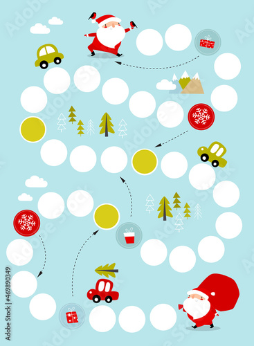 Print. Vector board Christmas game for children. Advent calendar. New Year's game. Labyrinths. Santa Claus. Christmas Poster, postcard. Happy New Year and Christmas.
