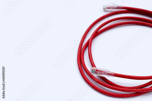 LAN network connection ethernet red cables on white