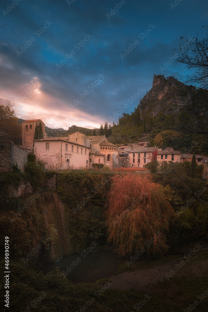 Sunset landscapes of a French traditional mountain town, the Saint-Guilhem-le-Désert in France
