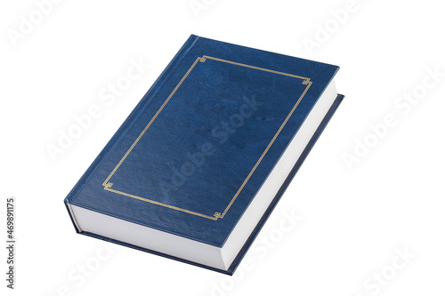 A reading book with a blue cover, positioned on a white surface. Isolated. Leather embossing
