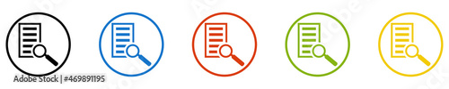 Bunter Banner mit 5 farbigen Icons: Lupe und Papiere, Suchen von Text, Dokumente, Formulare oder Anträge photo