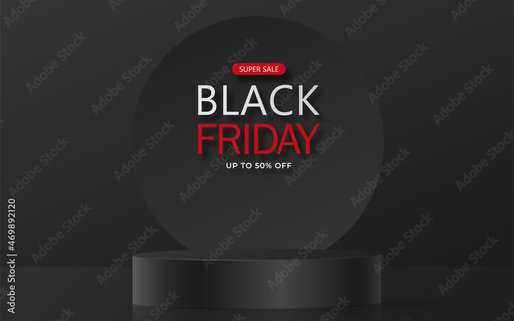3d Round or square podium stage for Black Friday sale poster with black paper cut and craft style on color background for banner, poster or web site