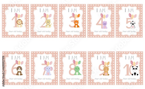 I'm one year old today - Baby Milestone card. Cute design with pink background and lion cub