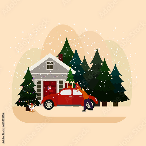 Christmas pre-new year cute card. concept of preparation for the new year. image of a Christmas tree, gifts. Home comfort. Greeting poster template.