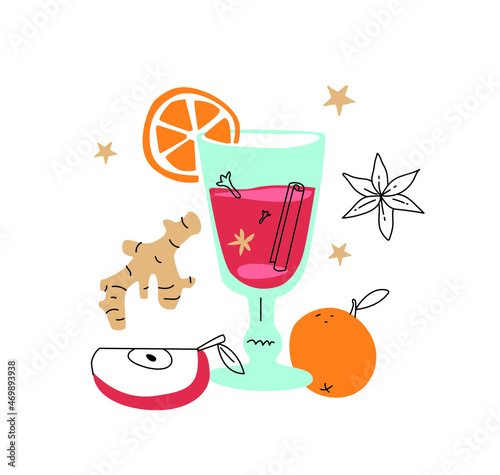 Mulled wine with ingredients. Flat design poster for winter menu.