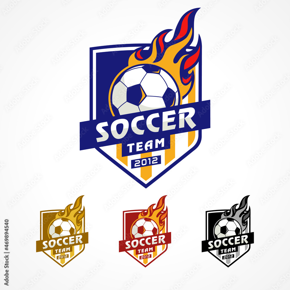 Football team academy logo, ball in fire. Vector design for soccer team emblem or American sport