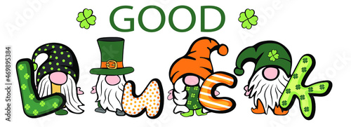 St. Patrick's Day Irish gnomes with good luck text. Cartoon vector Leprechauns illustration for cards, decor, shirt design, invitation to the pub.