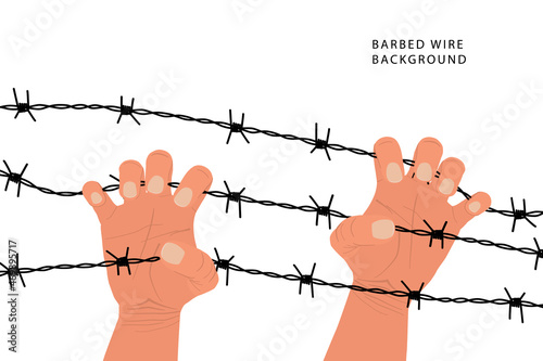Two hands and a barbed wire fence. Immigration concept, detention camp, concentration camp, restricted area. Resistance, fight against injustice. Vector illustration. Prison, violence symbol.