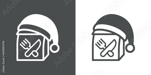 Comida para llevar. Menú navideño. Logotipo bolsa de papel con cubiertos y sombrero de Papá Noel con líneas en fondo gris y fondo blanco