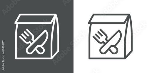 Comida para llevar. Bolsa con cubiertos cruzados. Logotipo bolsa de papel con cuchillo y tenedor con líneas en fondo gris y fondo blanco