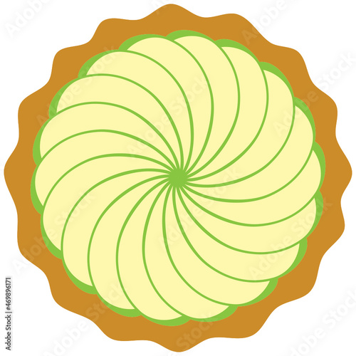Simple cartoon SVG graphic illustration fanned apple green slice fruit section filling pie tart flan with fluted pastry base. Interlocking layers suitable as cut file