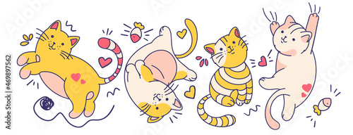 Doodle cartoon style sticker set.Drawing vector illustration.Isolated character funny cat.