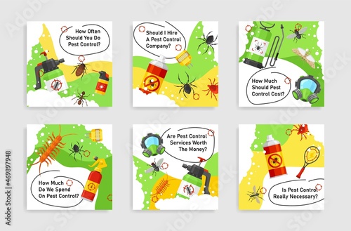 Pest control disinfection and derealization service poster set vector illustration chemical killer