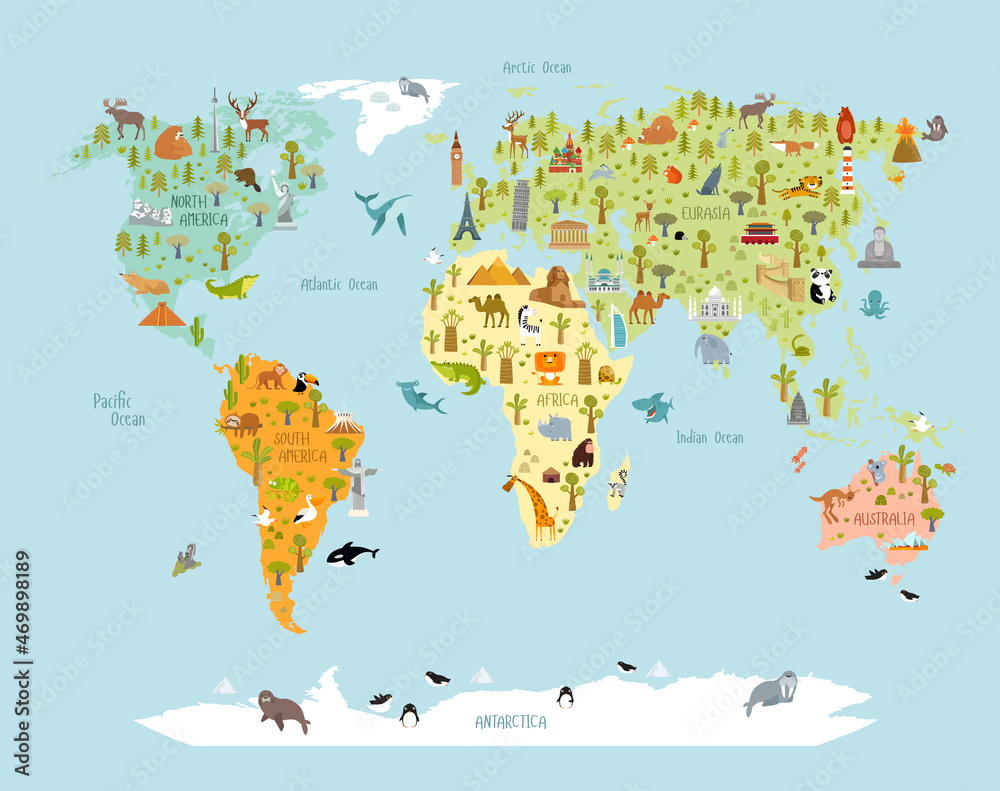 Print. World map with animals and architectural landmarks for kids. Eurasia, Africa, South America, North America, Australia. Cartoon animals.