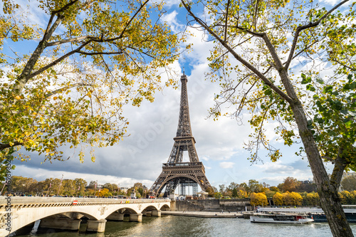 Eiffel Tower along the Seine River in autumn season, Paris, France