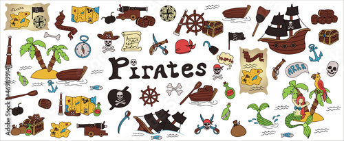 Vector doodle pirate set. A map with a hand-drawn sketch of a mermaid ship and pirate items. Template for children s postcards. Map of treasure island.