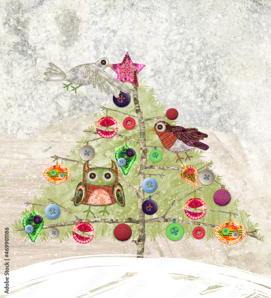 Birds decorating a Christmas tree. Digital illustration in a mixed-media collage style. Also available as an animation - search for 197550740 in Videos. Owl, Robin, Dove.