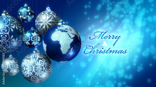 Merry Christmas 3D illustration with the Earth as an Xmas ball. Also available as an animation - search for 197545137 in Videos. Baubles in blue  turquoise  silver on a background of snowflakes.
