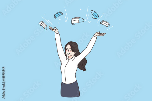 End of coronavirus pandemic concept. Young smiling woman standing and throwing away protective medical masks feeling excited vector illustration 
