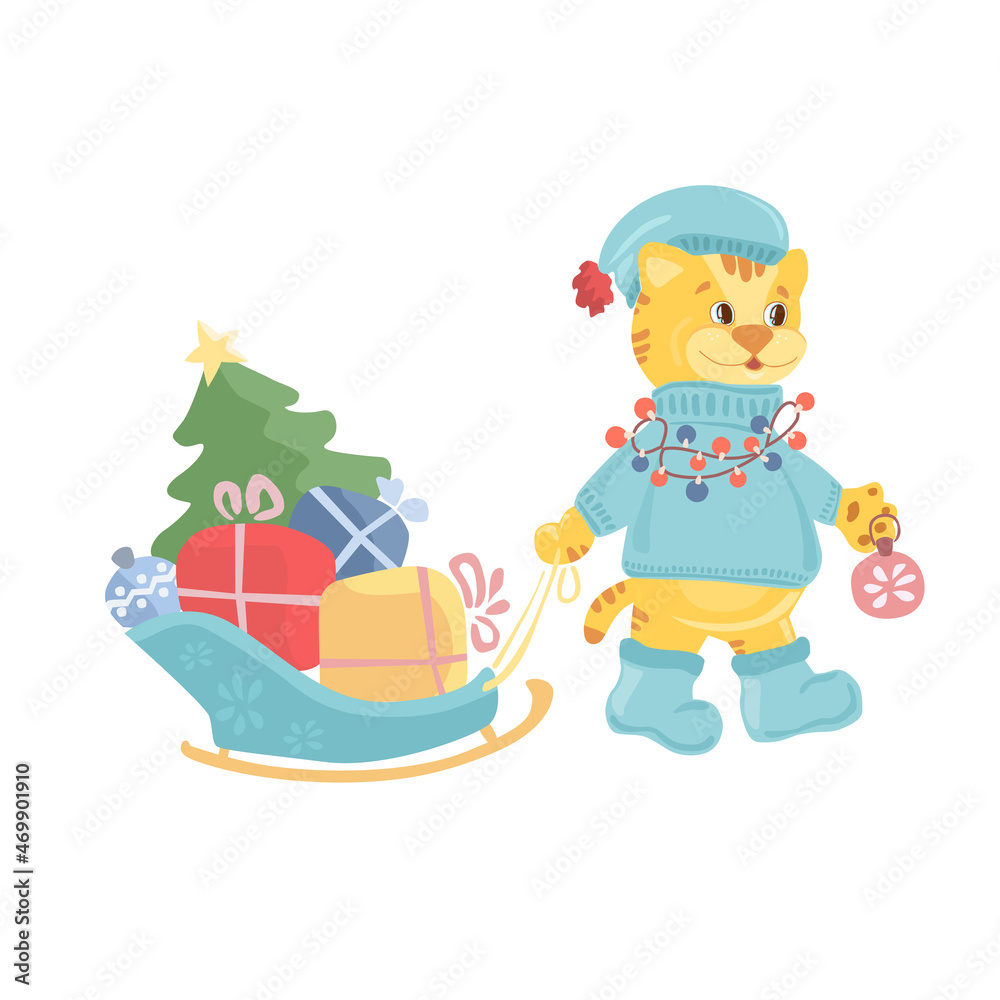Naklejka premium Christmas tiger . holiday postcard. Cute drawings of characters on the theme of the New Year on white background . Copy space