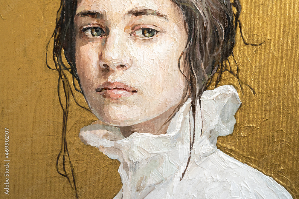 Oil painting. Portrait of a girl on a gold background. The art is done in a  realistic manner. Stock Illustration | Adobe Stock