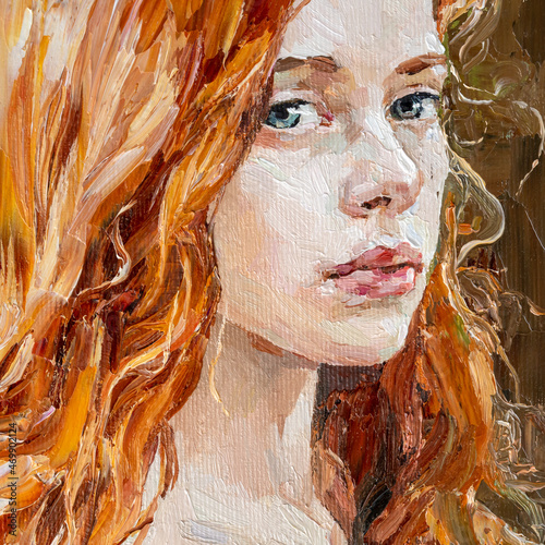 Fototapeta Naklejka Na Ścianę i Meble -  Close-up portrait of a red-haired girl. A woman with a large head of curly hair. Oil painting on canvas.
