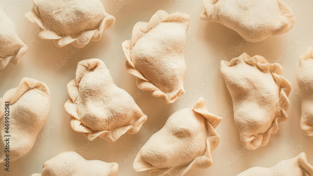 Top view of delicious frozen dumplings lying on a white background. Frozen semi-finished products with various fillings. Russian cuisine. Background of dumplings. Top view of delicious frozen dumplings lying on a white background. Frozen semi-finished products with various fillings. Russian cuisine. Background of dumplings.