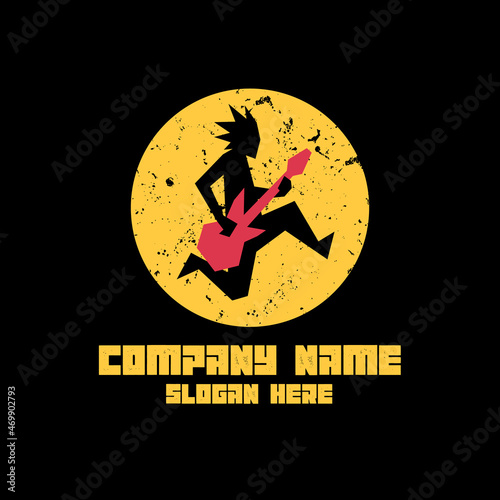 Guitarist silhouette logo with a simple low poly style, this simple and distressed logo is suitable for rock music studios or for companies that are engaged in music