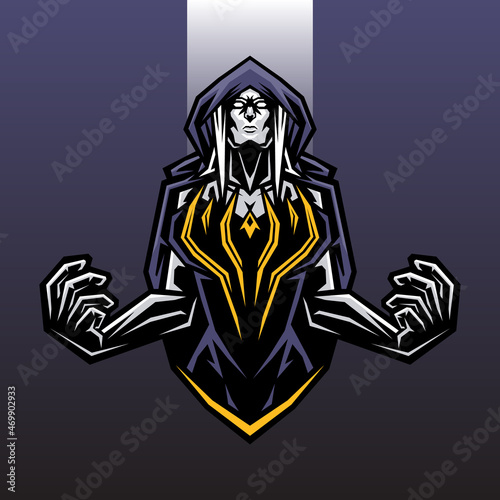 E sport mascot of hooded witch spreading her hands